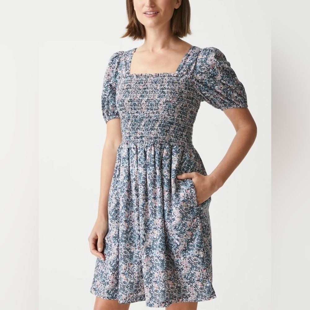 Boho Romantic Floral Smocked Mini Dress‎ Square Neck Puff Sleeve NWT Small